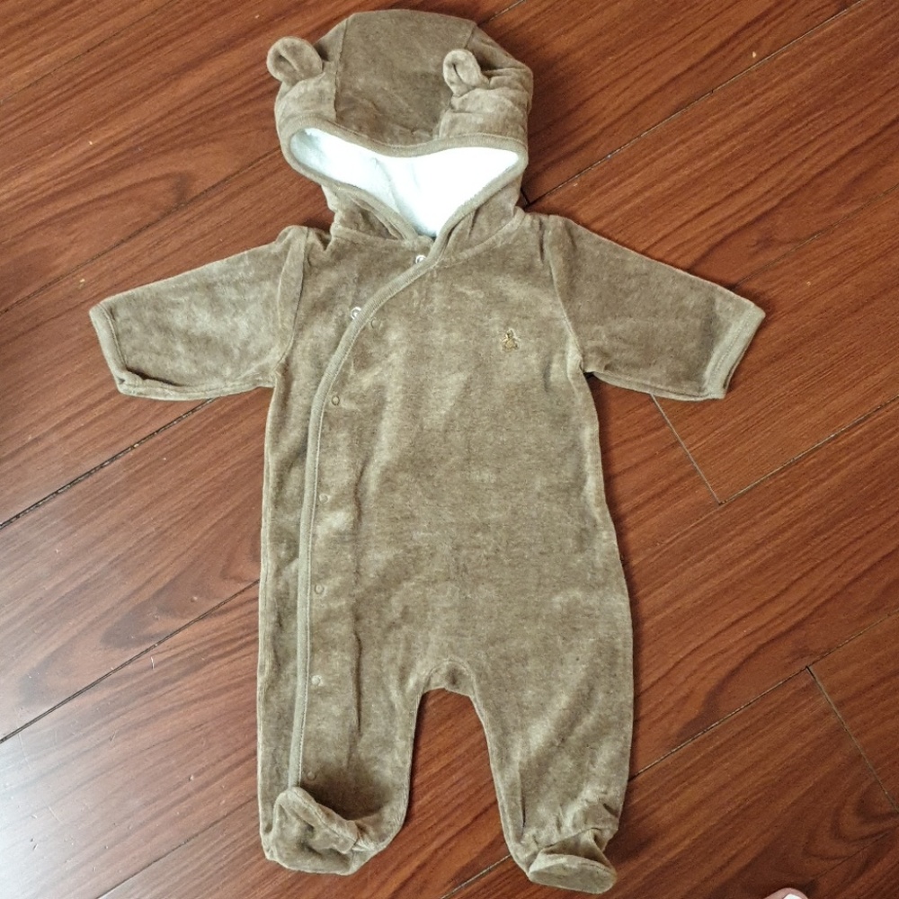 10. Baby Gap velour brown bear suit with fur hoodie